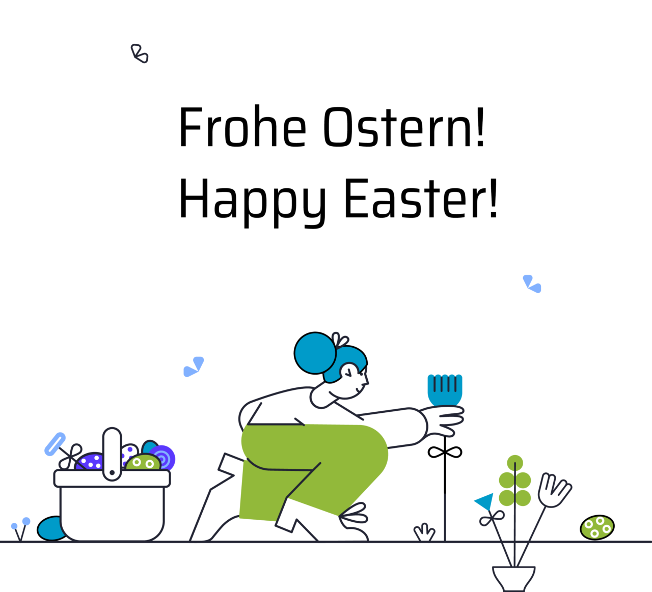 Illustration einer Frau die Blumen pflückt und Eier aufsammelt. Text: Frohe Ostern